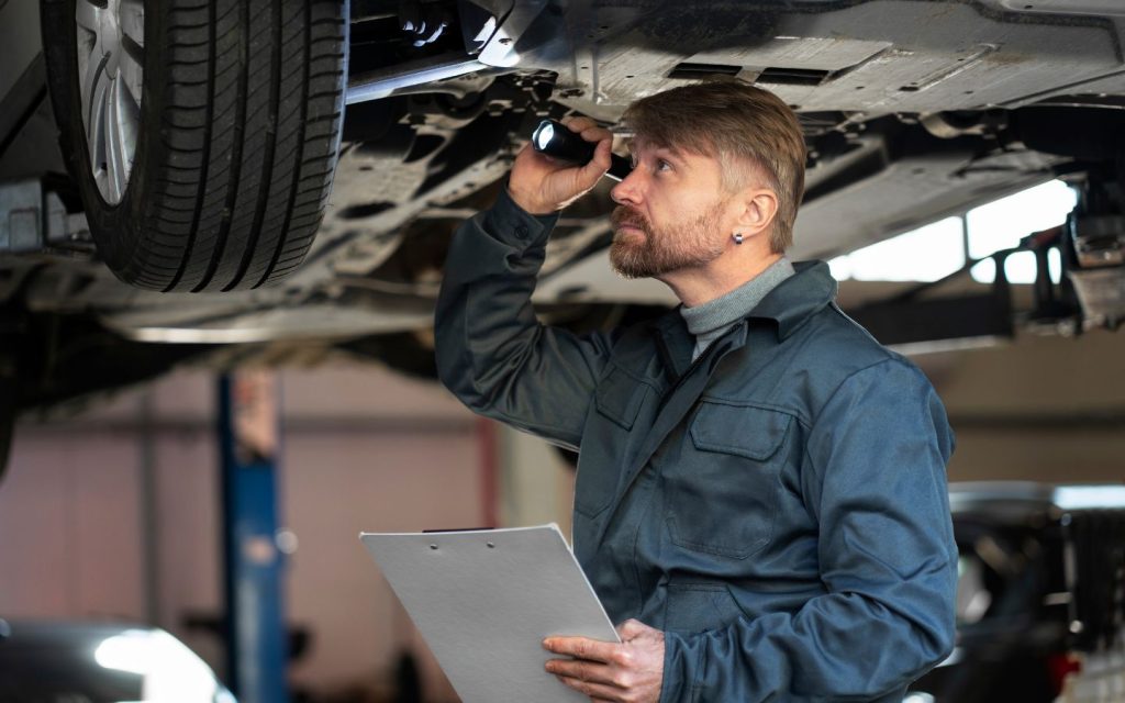A mechanic checking the car axle for the inspection