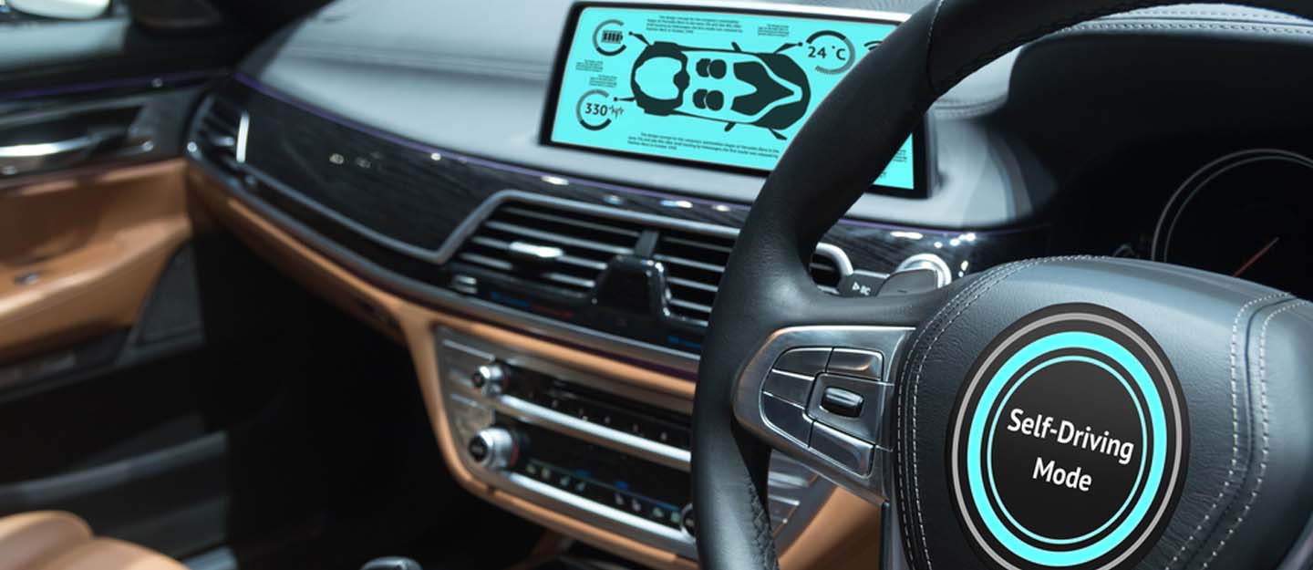 car with self driving mode on steering