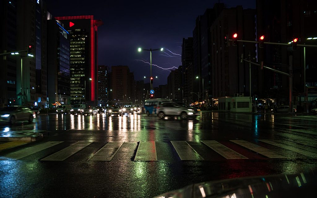 A road after heavy rain and thunderstorm in Abu Dhabi