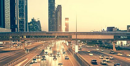 eautiful Skyscraper and moving cars on Sheikh Zayed Road in Dubai
