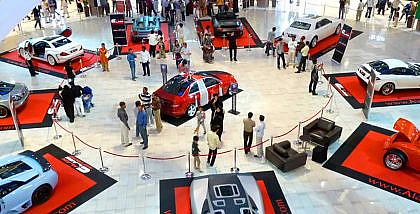 Luxury sports cars on display during Auto Exhibition at Dubai Mall