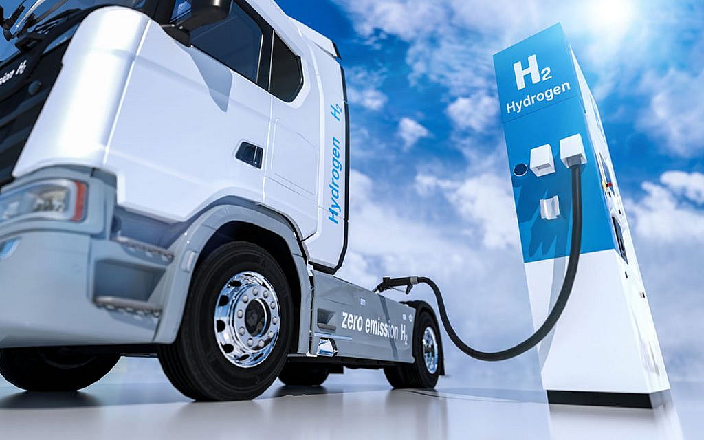 A car being charged at a hydrogen fuel station 