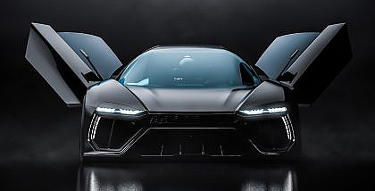 A futuristic sports car with open doors