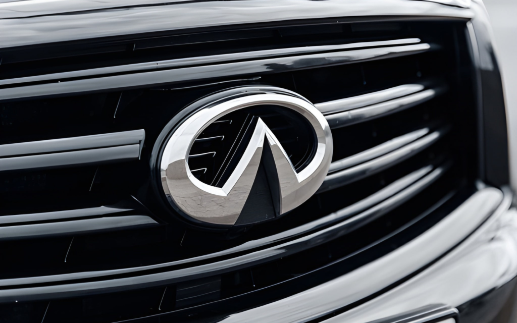 Silver INFINIT logo on a car grille