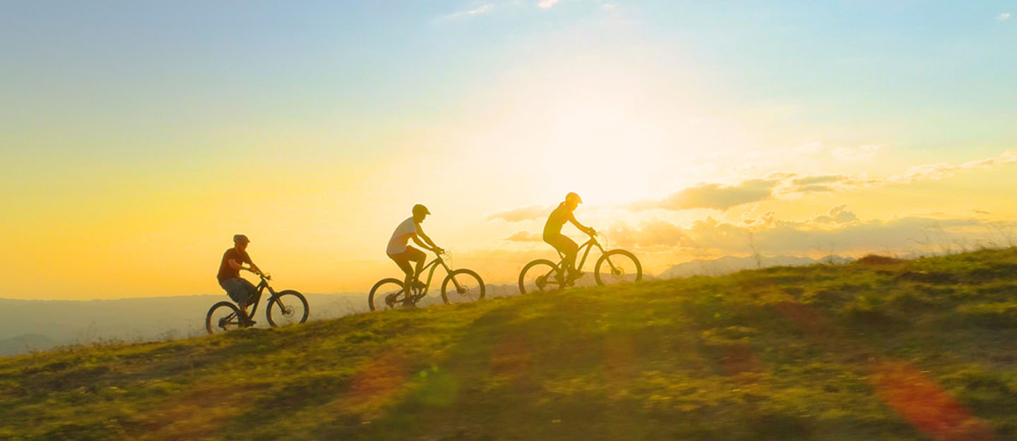 Tourists riding different types of bicycles