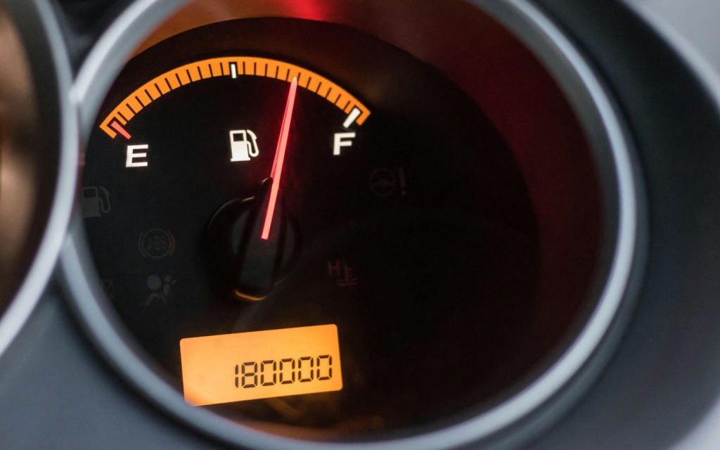 Fuel metre showing low fuel in a car