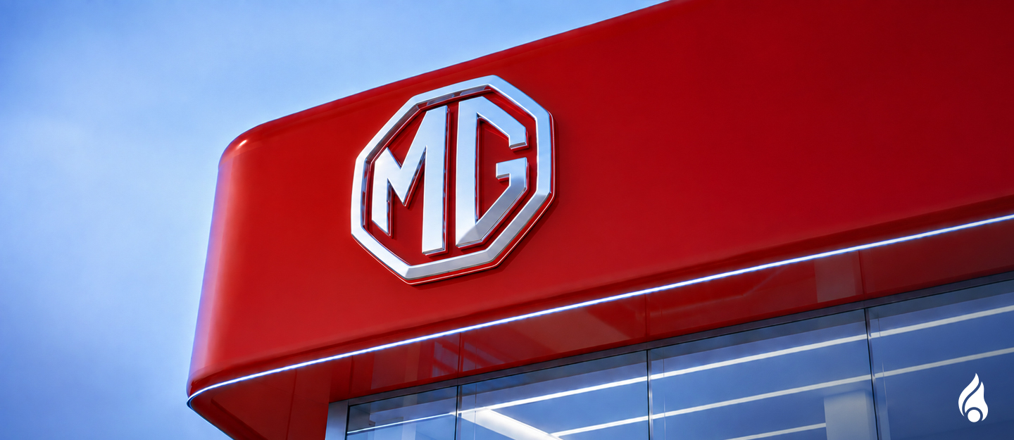 MG Motors logo on red board