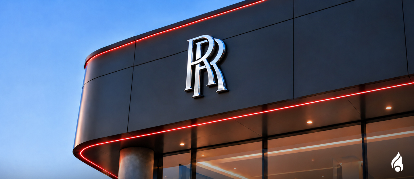 Rolce Royce logo on top of a showroom