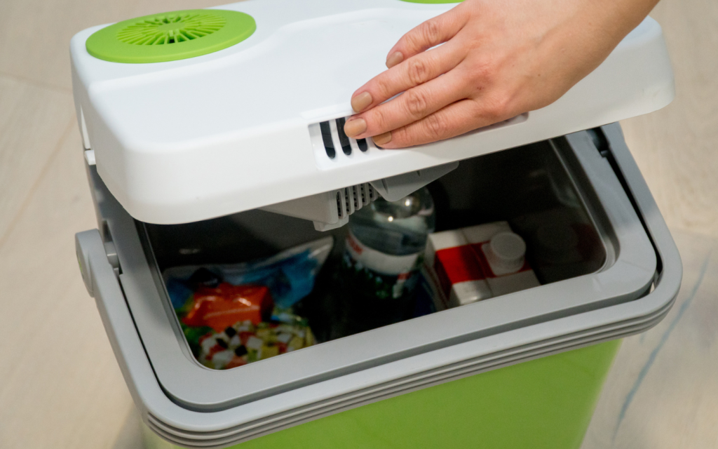 Car refrigerator filled with multiple items 