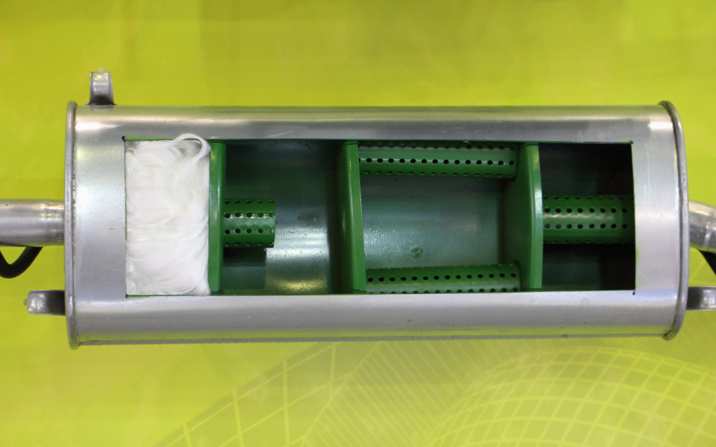 inside of a three-chambered car muffler