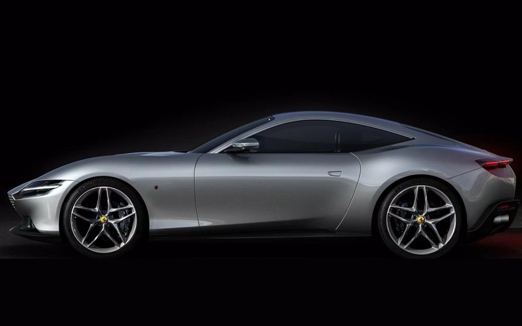 Ferrari Roma with sleek exterior with a dark backround