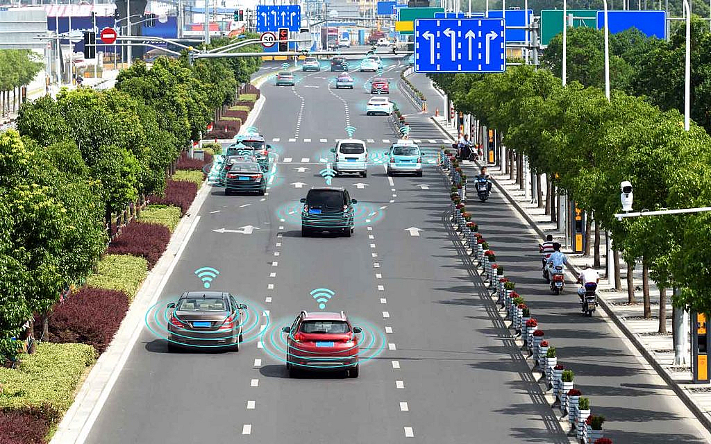 street crowded with self-driving vehicles.