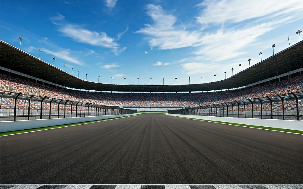 Indy car racing on a track, centered perspective.