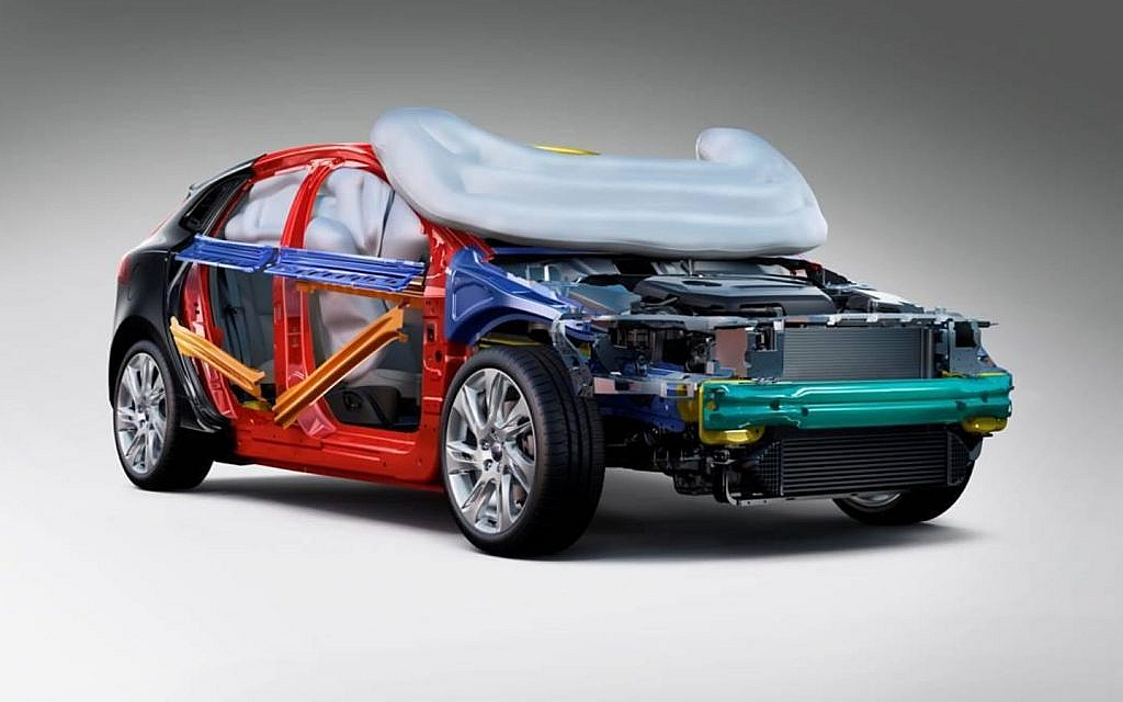 Volvo V40 front view showing sensor location for pedestrian airbag system