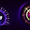 Digital car dashboard with glowing speedometer, odometer and tachometer, displaying analogue vs digital car meters.
