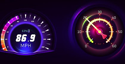 Digital car dashboard with glowing speedometer, odometer and tachometer, displaying analogue vs digital car meters.