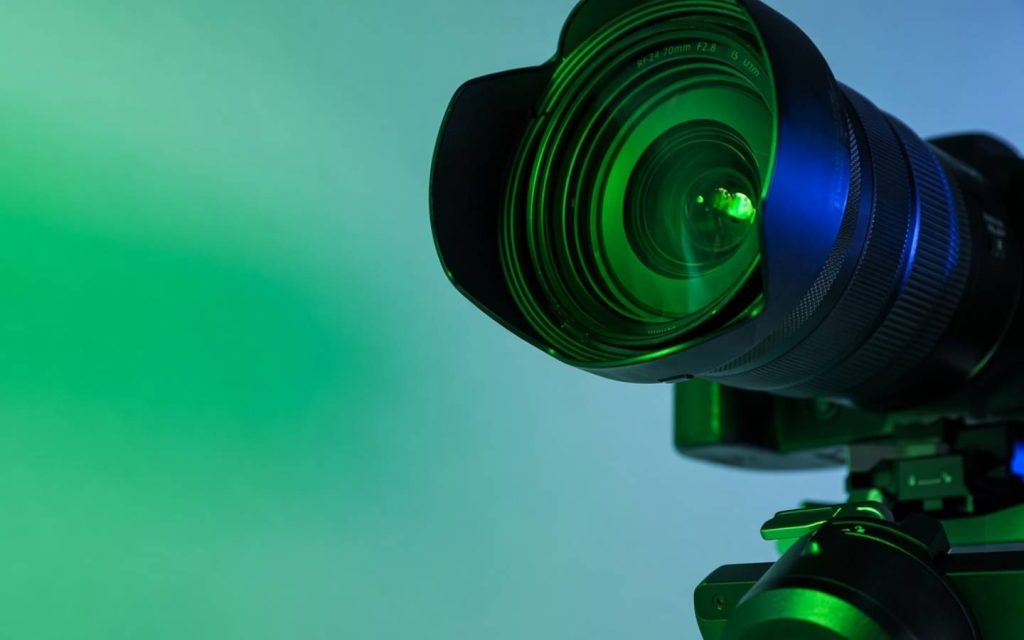 A professional camera lens in focus