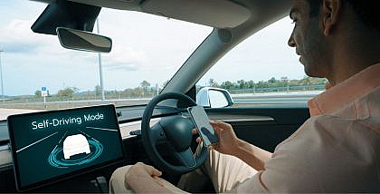 Futuristic self-driving car smoothly navigating a city road using AI and sensors