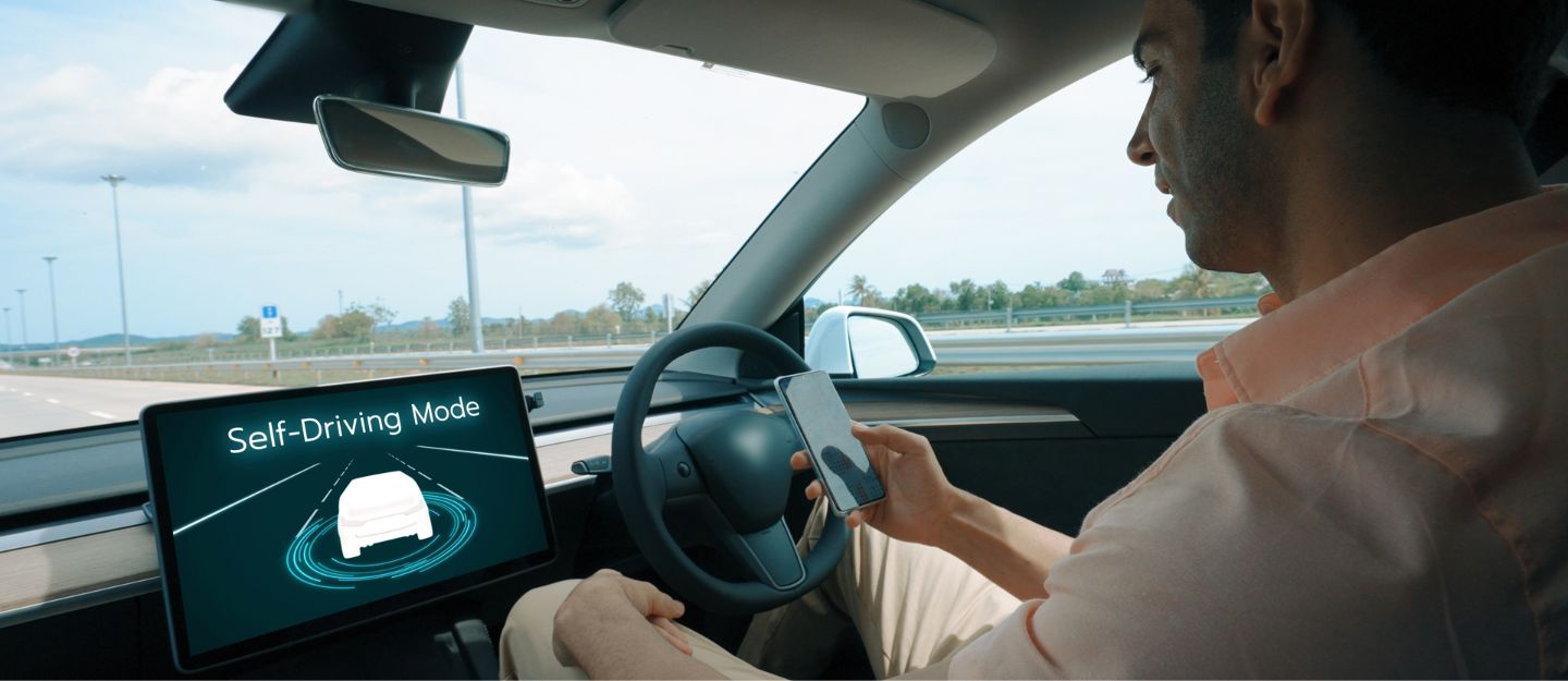 Futuristic self-driving car smoothly navigating a city road using AI and sensors