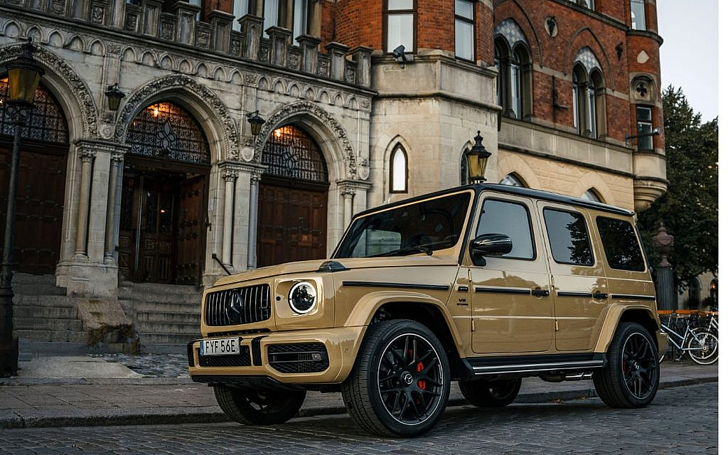 Mercedes G-Wagon parked on a city street in Örebro, Sweden, showcasing its bold exterior.
