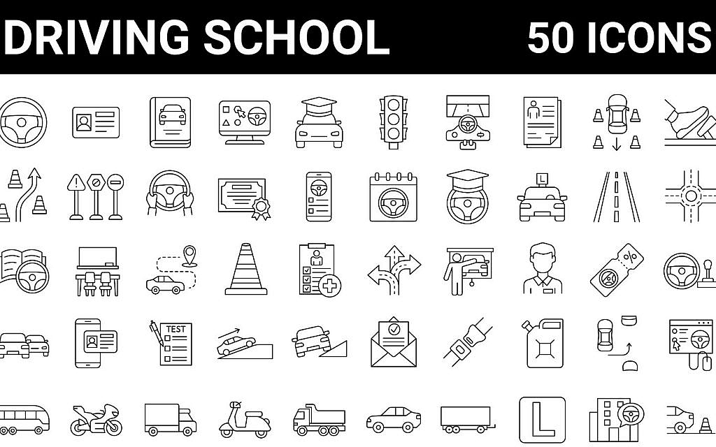  Set of 50 driving school icons, representing various aspects of truck driver training and the licensing process.