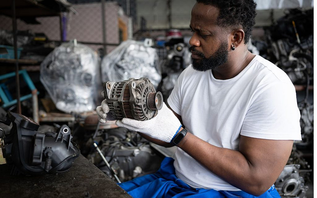 A mechanic is inspecting and repairing a car’s alternator in an auto repair shop.