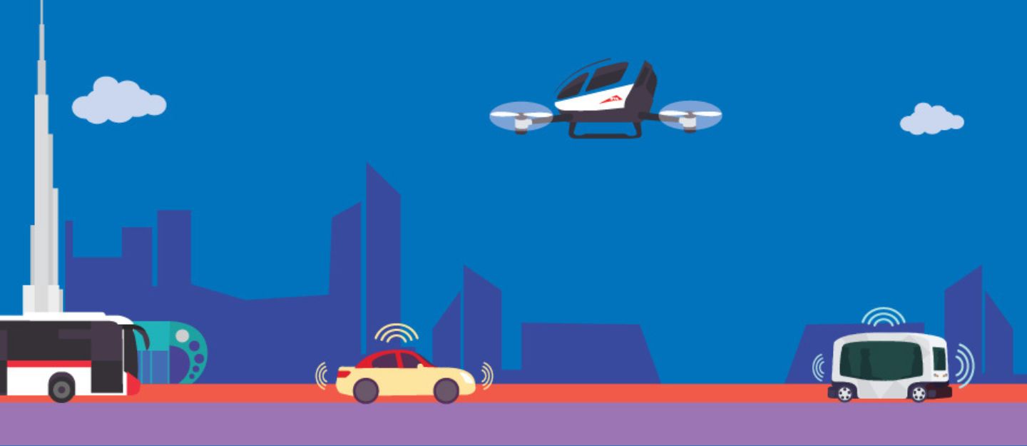 RTA self-driving transport plan banner showing autonomous vehicles on Dubai roads with city skyline in the background.