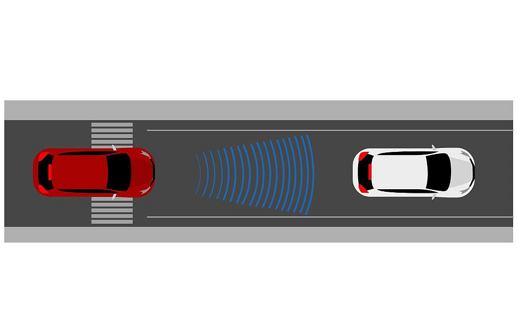Illustration showing a car using adaptive cruise control, with highlighted sensors and safe distance detection from the vehicle ahead.
