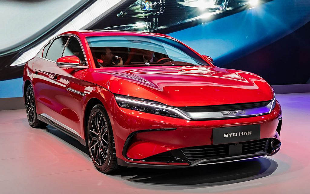 BYD electric cars including the red Han sedan model 