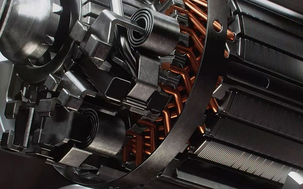 Close-up view of intricate mechanical parts and copper wiring, likely from an electric motor.