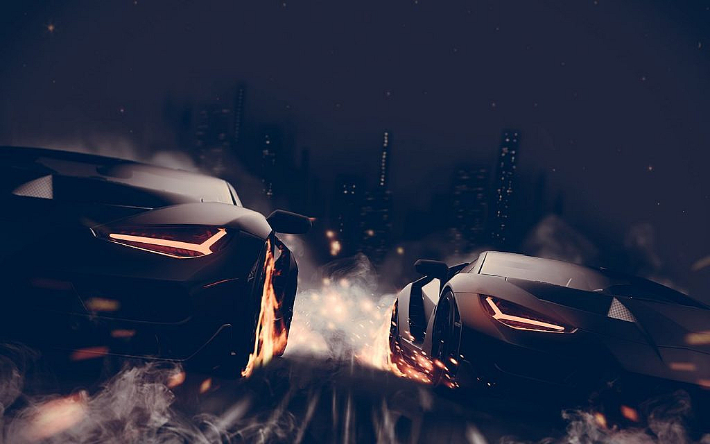 Two sports cars with  fiery effects on their wheels, set against a blurred city night background.