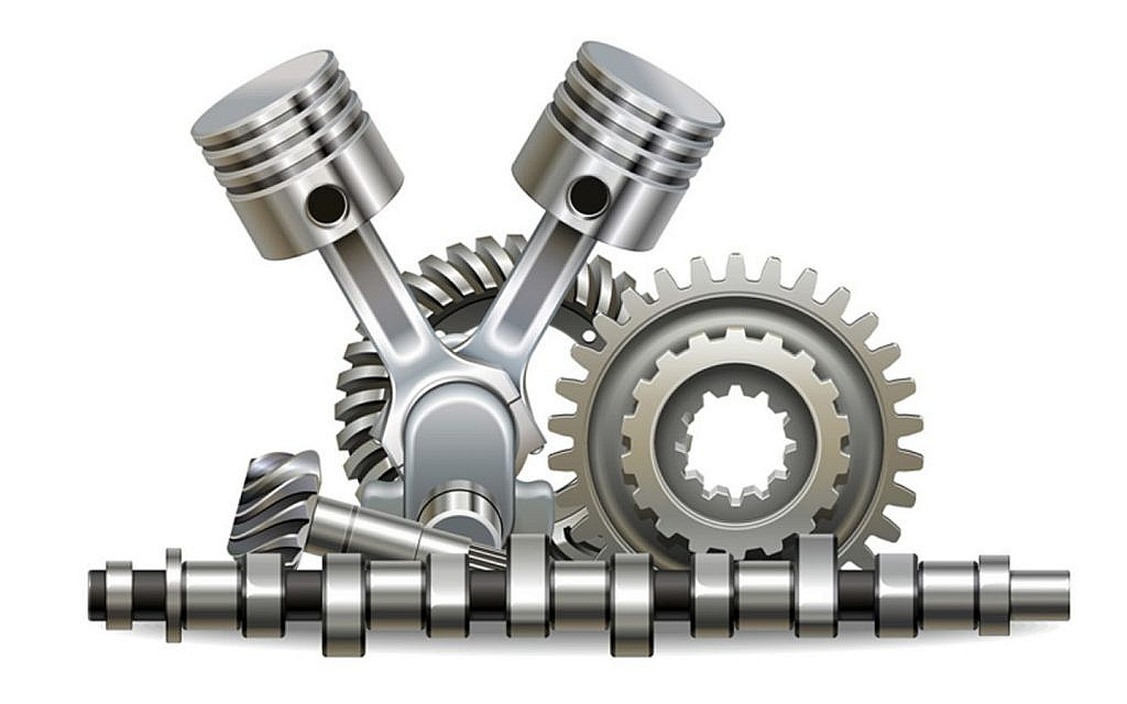 Illustration of an engine's internal components, showing pistons, connecting rods, gears, and a camshaft