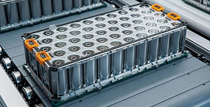 Ternary lithium batteries moving on a factory line.