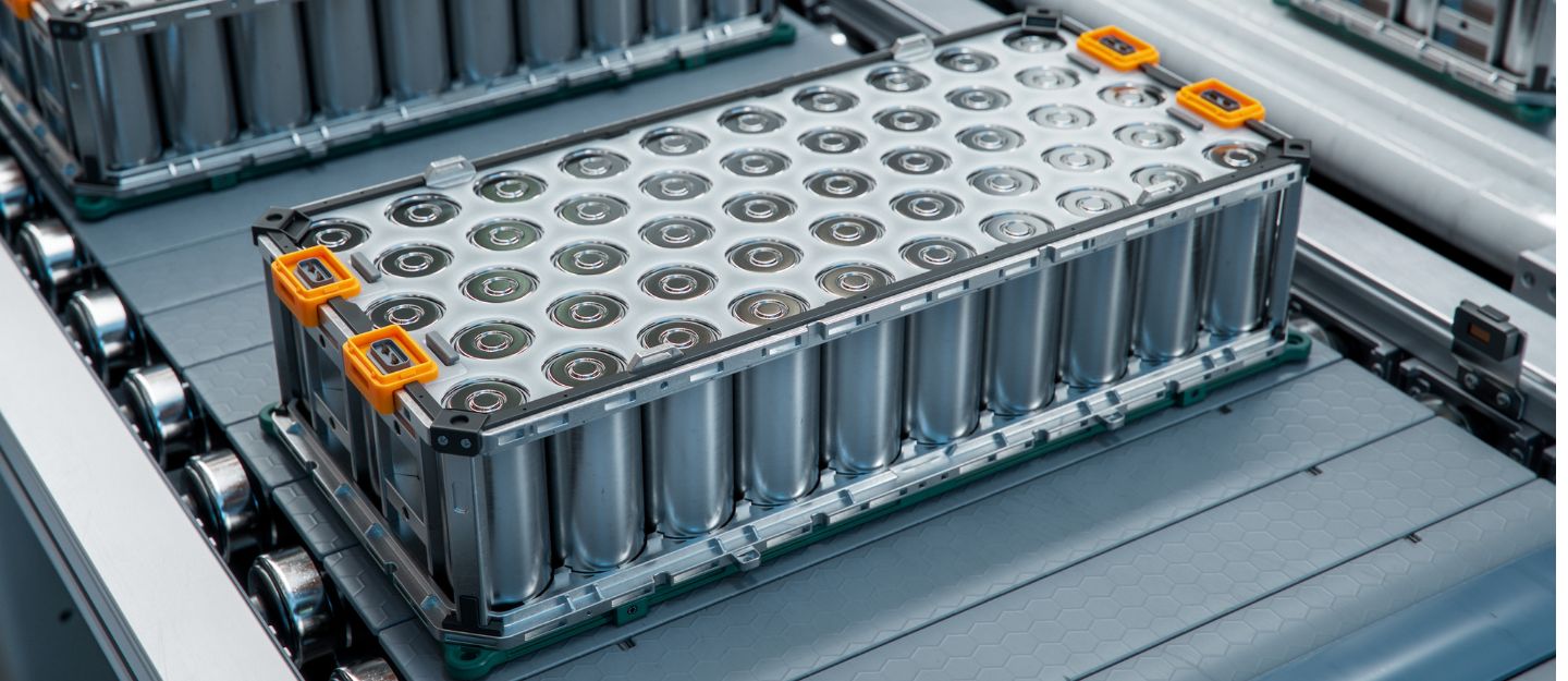 Ternary lithium batteries moving on a factory line.