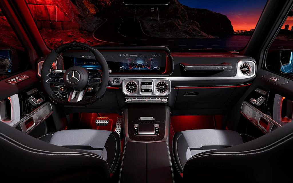 Black and red interior of Mercedes G-Class