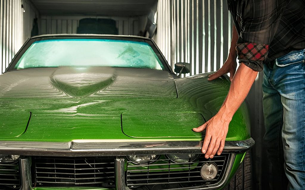 A green classic car inside a shipping container
