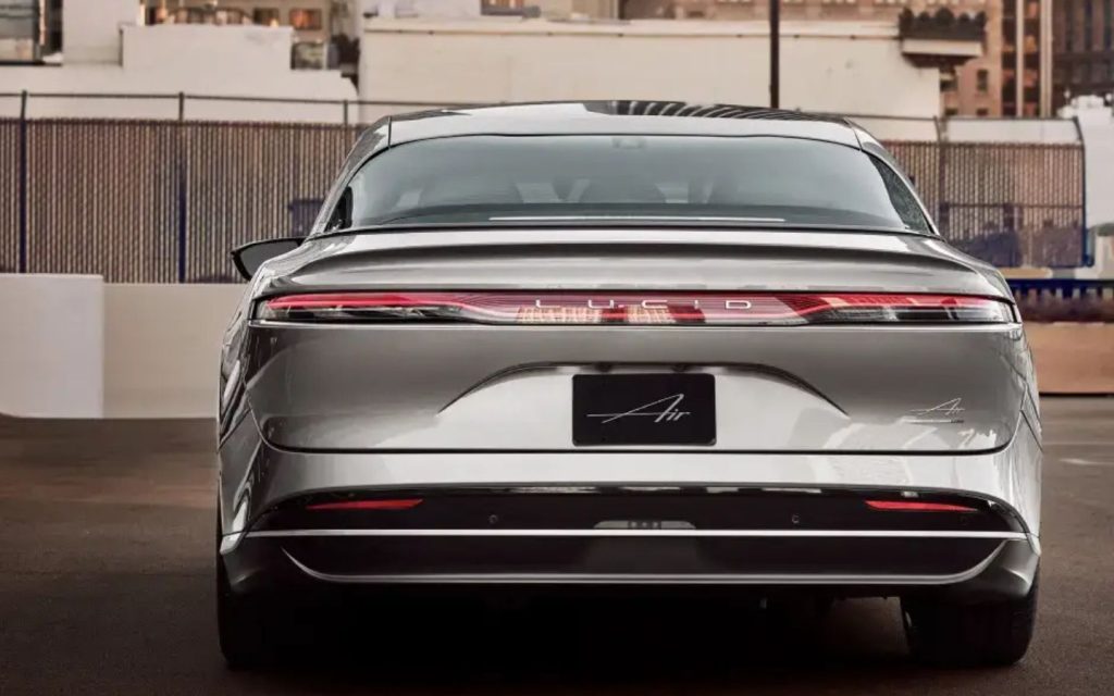 Rear end of the latest silver Lucid Air, one of the long-range EVs