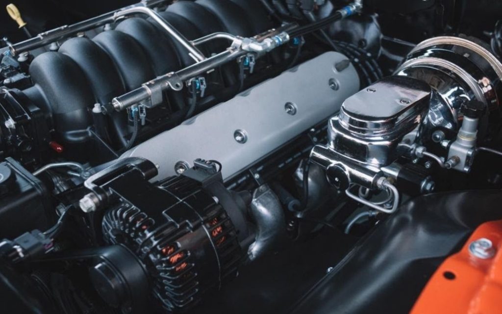 Engine bay of a sports car