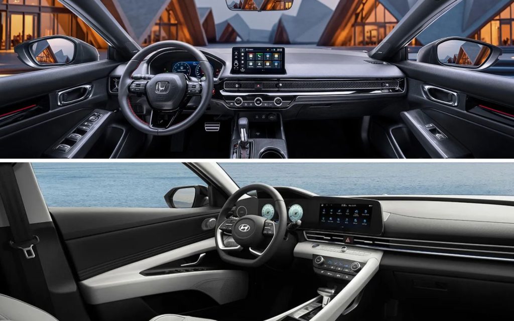 The Elantra feels more tech-focused, while the Civic keeps a simple, functional interior.
