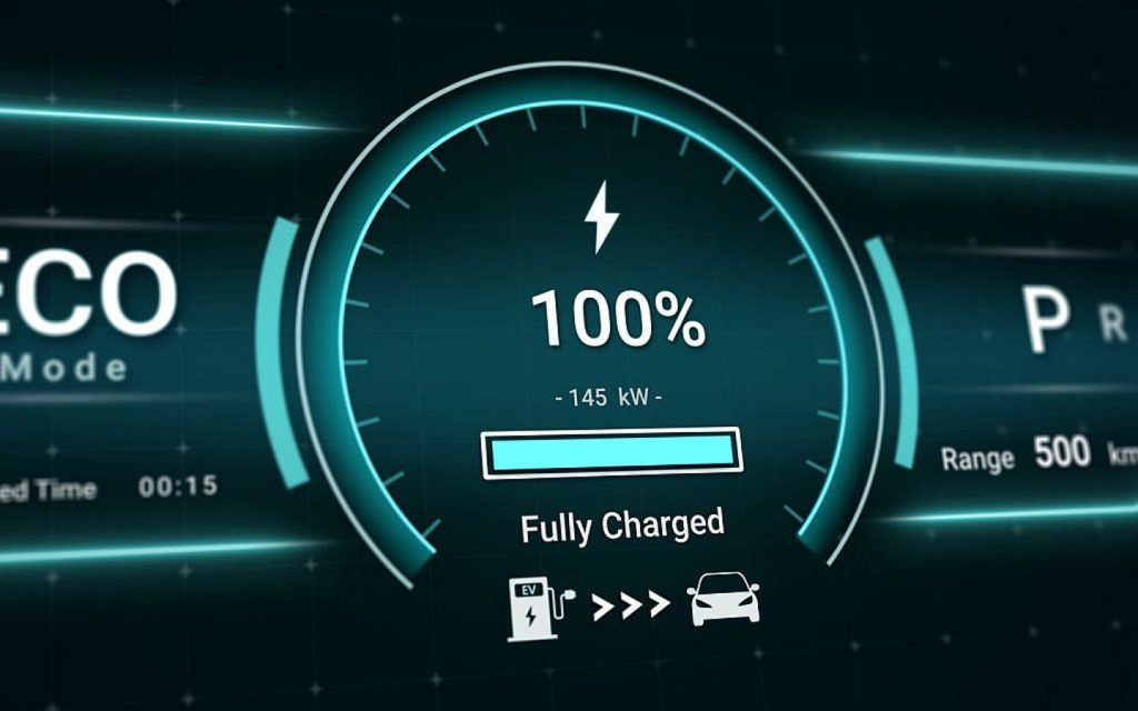 dashboard showing full charged battery of an EV