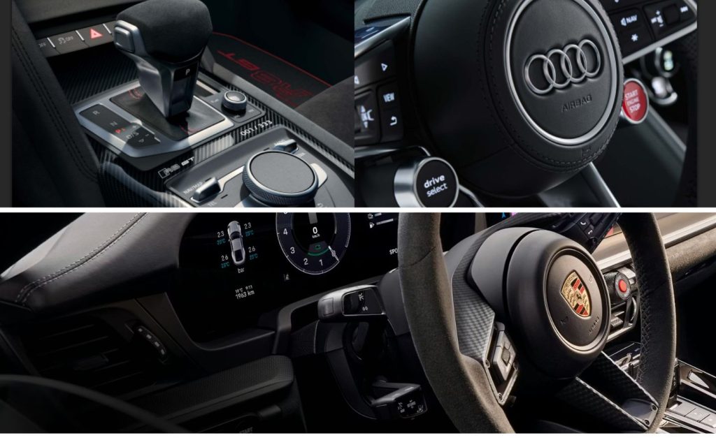 The Porsche 911 and Audi R8 offer driver-focused interiors with advanced technology