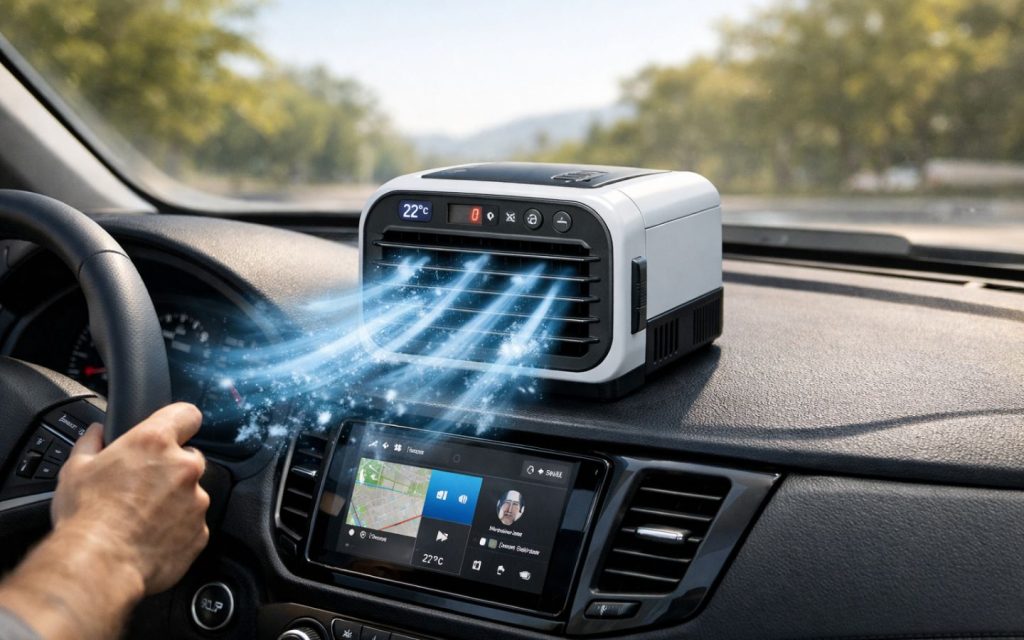 A driver using a portable car air conditioner 12V