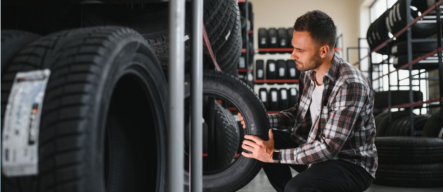 man checking different types of racing tyres in a showroom