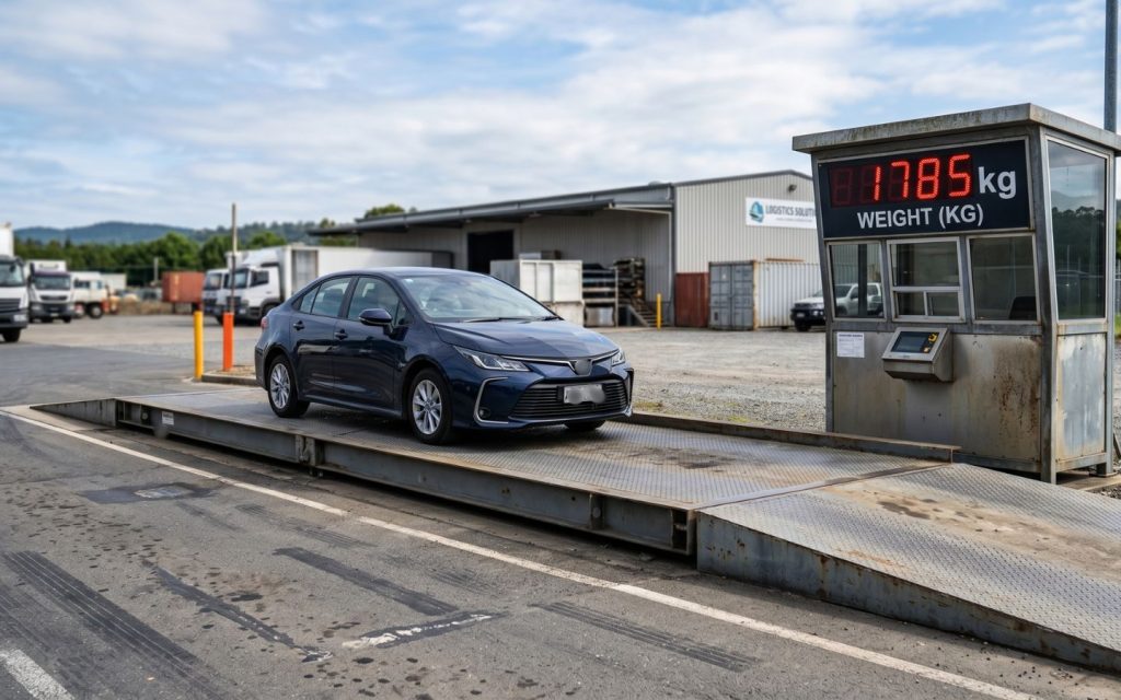 A blue sedan on a weight bridge