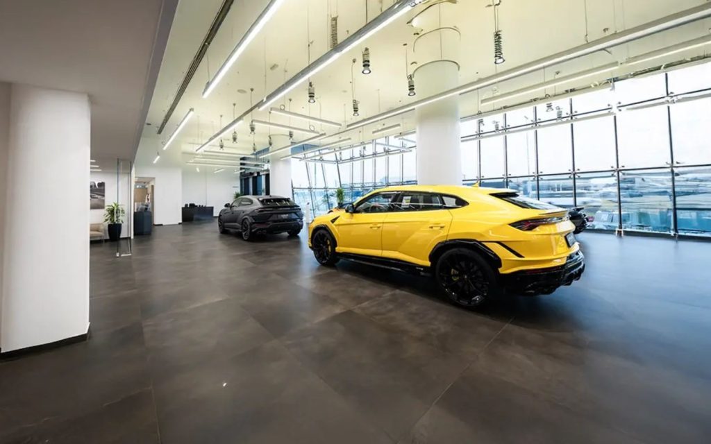 An ultra-modern, spacious Lamborghini showroom.